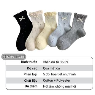 Set 5 đôi tất lolita phối nơ GOMTAT, vớ nữ phối nơ họa tiết chấm bi phong cách Hàn Quốc hot trend - ZFK-B011-CB5