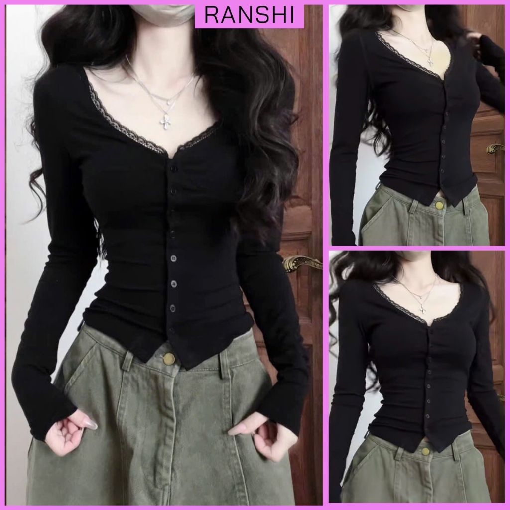 [CÓ SIZE] Áo Thun Dài Tay Cổ Tim Ren RANSHI Ôm Body Sexy Quyến Rũ Chất Thun Cotton
