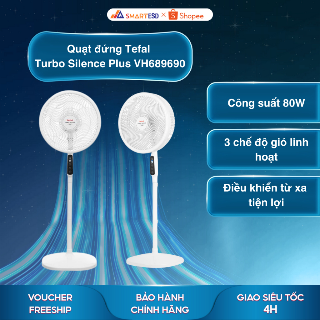 Quạt đứng Tefal Turbo Silence Plus VH689690 - 3 mức gió - Bảo hành chính hãng 24 tháng