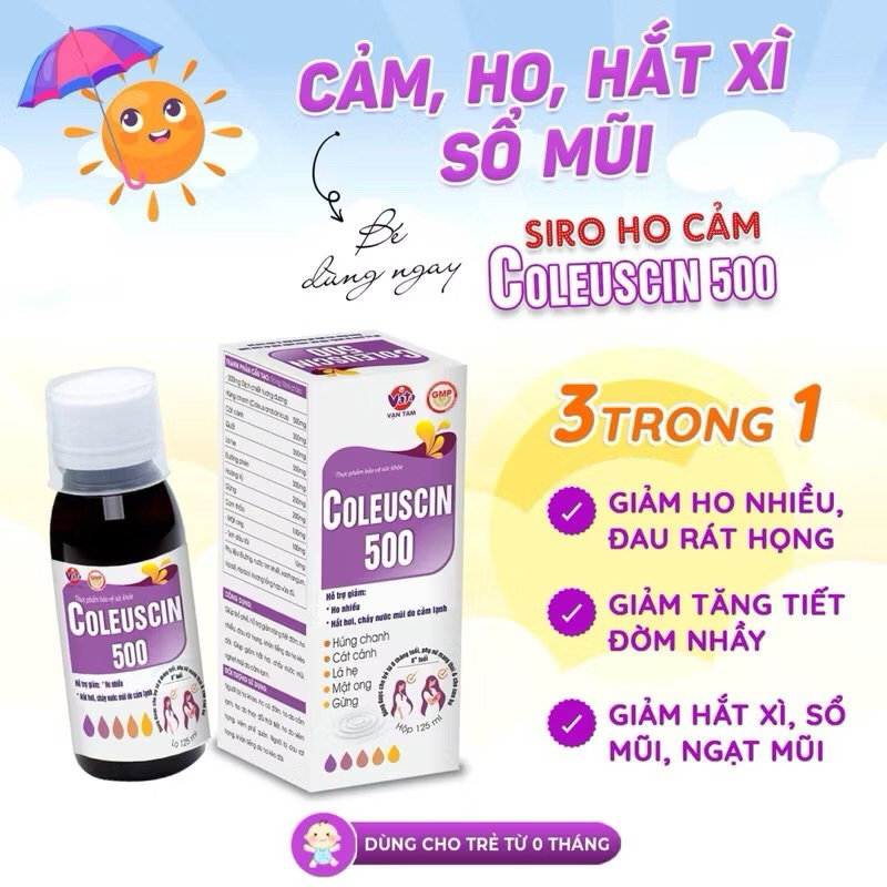 [HÀNG CTY + QUÀ] COLEUSCIN 500 Siro Ho Giải Cảm Cúm, Giảm Ho, Đờm An Toàn Cho Bà Bầu, Trẻ Sơ Sinh - Hộp 20 Gói/10ml
