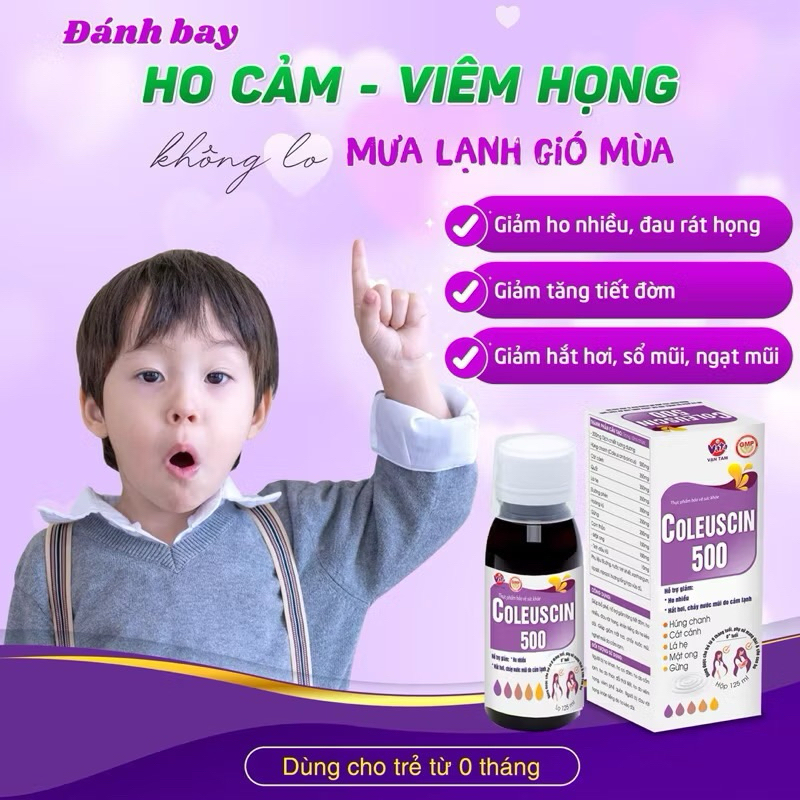[HÀNG CTY + QUÀ] COLEUSCIN 500 Siro Ho Giải Cảm Cúm, Giảm Ho, Đờm An Toàn Cho Bà Bầu, Trẻ Sơ Sinh - Hộp 20 Gói/10ml