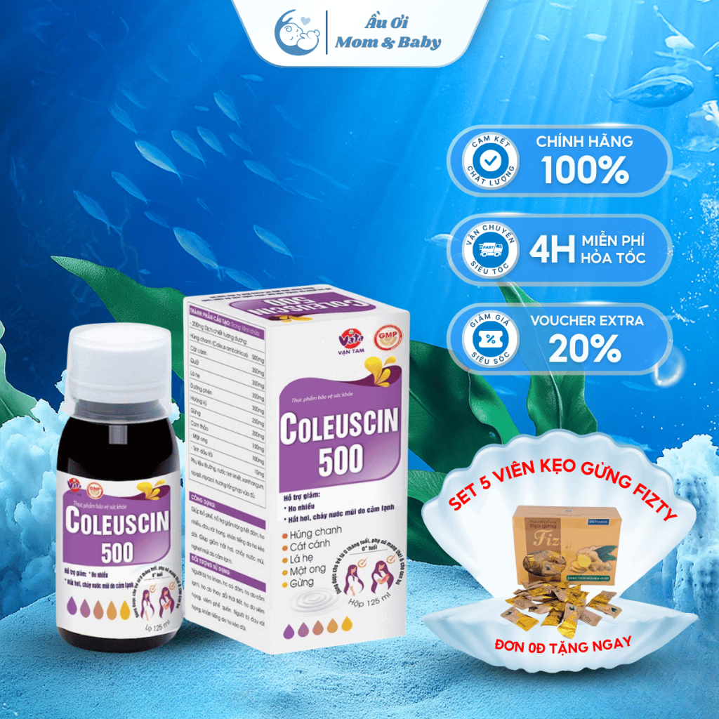 [HÀNG CTY + QUÀ] COLEUSCIN 500 Siro Ho Giải Cảm Cúm, Giảm Ho, Đờm An Toàn Cho Bà Bầu, Trẻ Sơ Sinh - Hộp 20 Gói/10ml