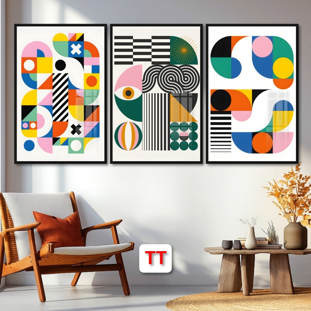 Tranh Trừu Tượng Phong Cách Bauhaus Hiện Đại Tráng Gương Khung Composite Treo Tường Decor Phòng Khách