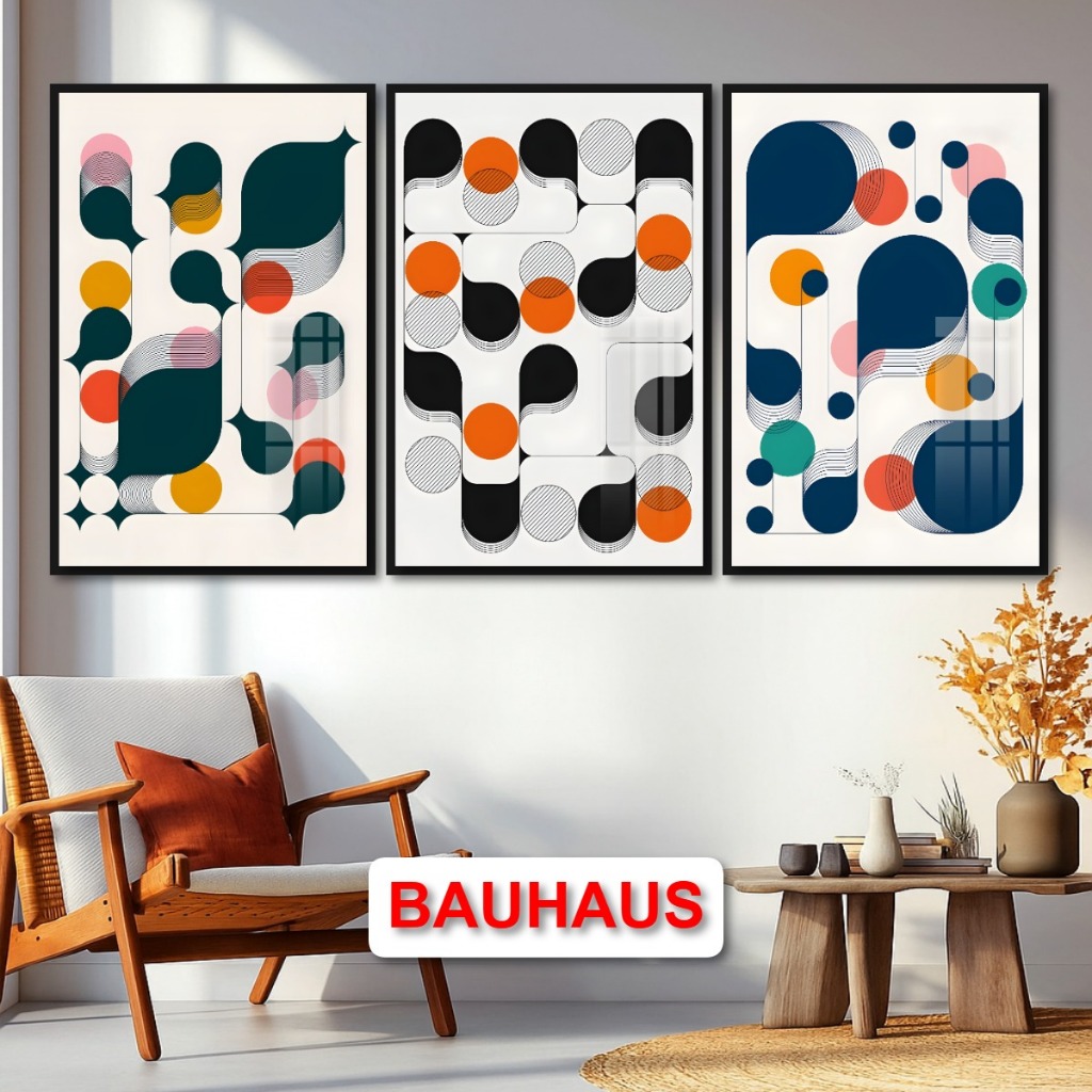 Tranh Trừu Tượng Phong Cách Bauhaus Hiện Đại Tráng Gương Khung Composite Treo Tường Decor Phòng Khách
