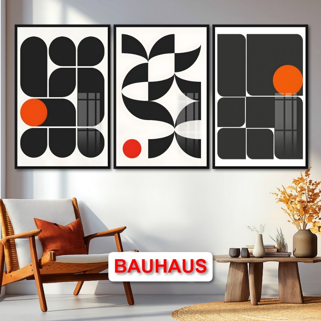 Tranh Trừu Tượng Phong Cách Bauhaus Hiện Đại Tráng Gương Khung Composite Treo Tường Decor Phòng Khách