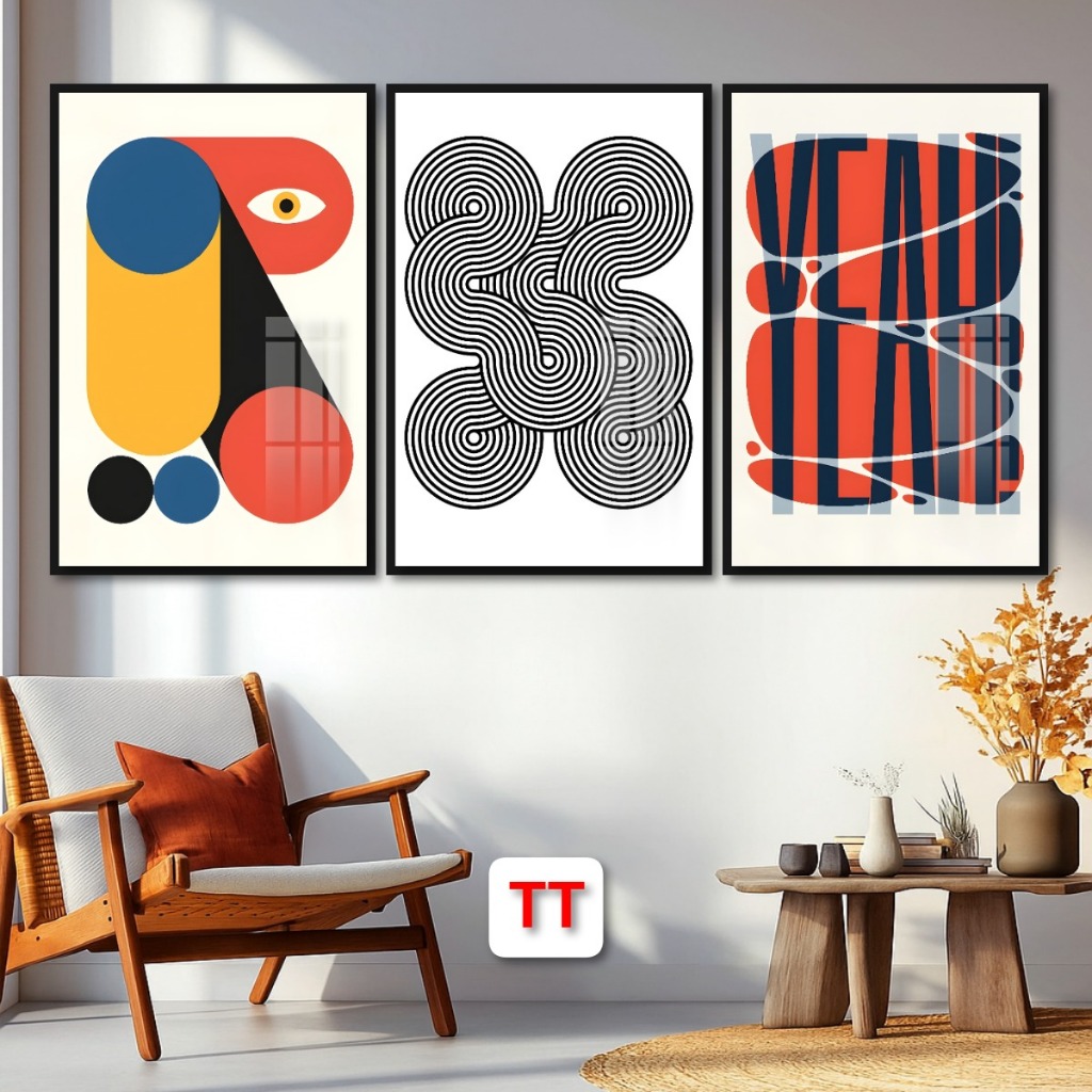 Tranh Trừu Tượng Phong Cách Bauhaus Hiện Đại Tráng Gương Khung Composite Treo Tường Decor Phòng Khách