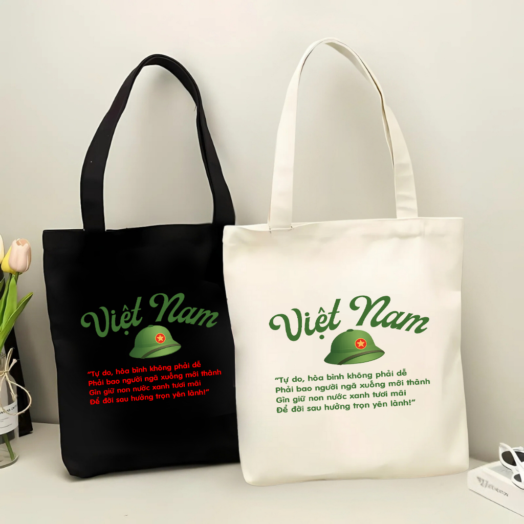 Túi tote có khóa kéo không khóa kéo hình nón Độc Lập Tự Do Hạnh Phúc túi vải canvas đeo vai đi chơi 35 x 40cm tota0230