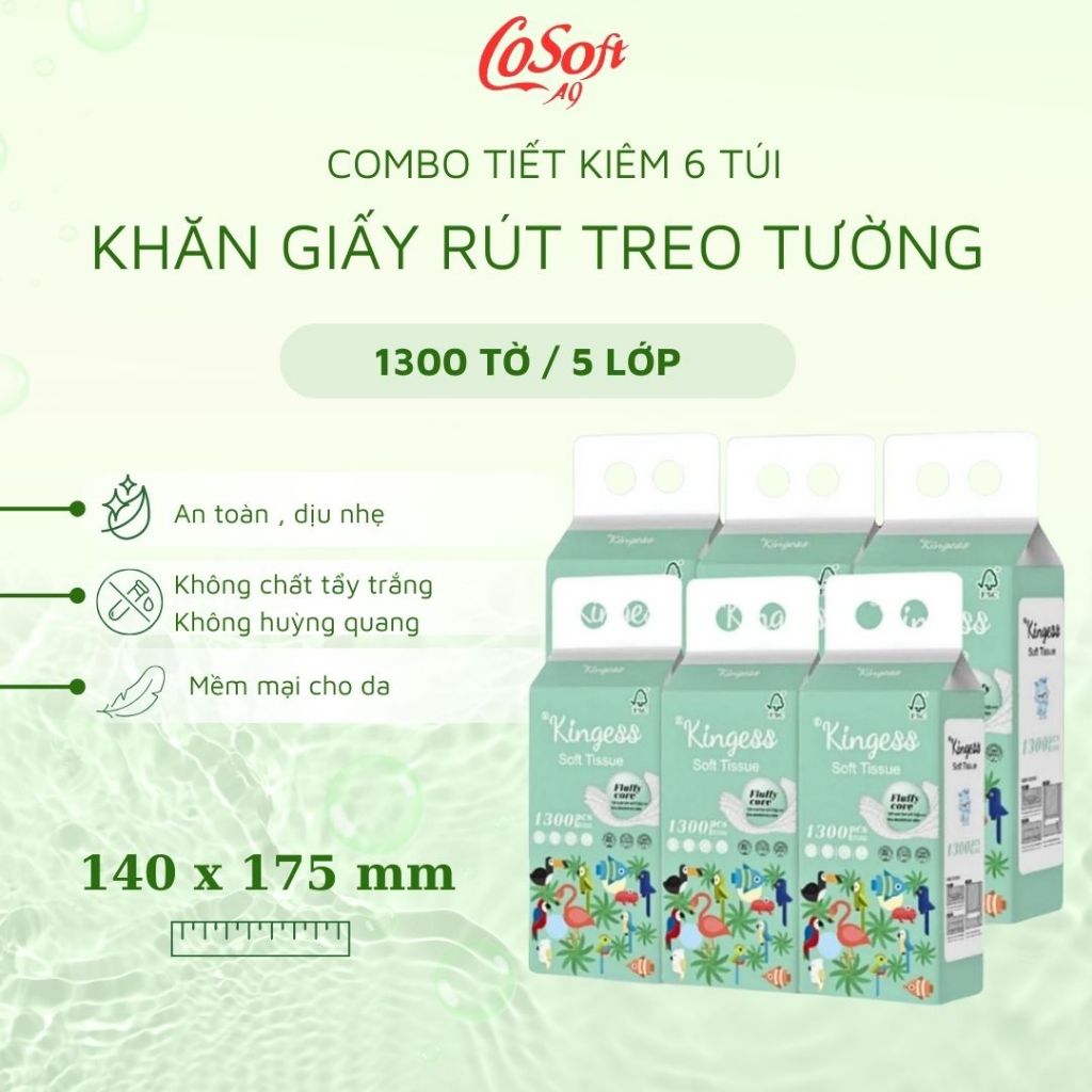 Giấy rút Treo Tường Kingess 5 Lớp – 1300 Tờ/Túi – 6 Túi Giấy Rút Lớn – Mềm Mịn, An Toàn Cho Da