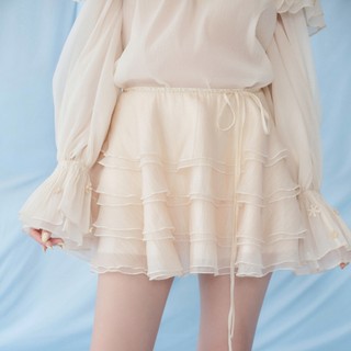 Chân váy OLV tầng xòe cột nơ nữ tính Cream Chiffon Layered Mini Skirt phù hợp đi chơi đi tiệc