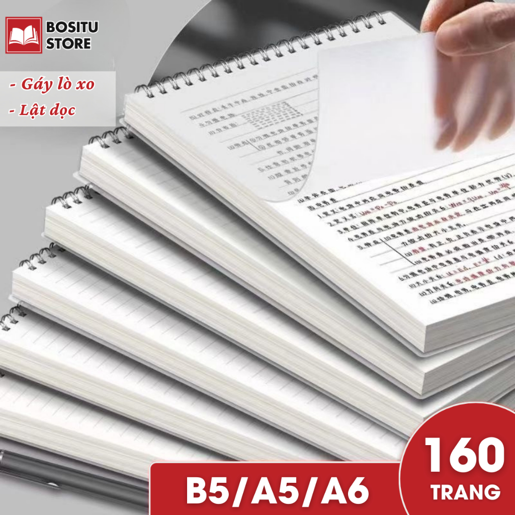 Sổ Lò Xo Lật Dọc A5 B5 A6 160 Trang Giấy Kẻ Ngang/ Caro/ Không Kẻ - Dễ Lật Trang Viết Không Cấn Tay