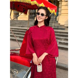 Áo Dài Cách Tân Gấm Châu Sa Đính Nơ – Áo Dài Nữ Cao Cấp Sang Trọng, Dịu Dàng | Áo dài Phương Linh