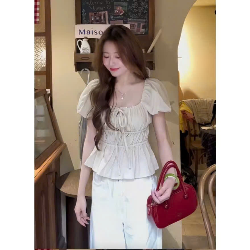Áo Trễ Va babydoll linen kiểu xinh tay phồng tiểu thư công chúa bo thân nơ coquette ngực xinh xắn G55