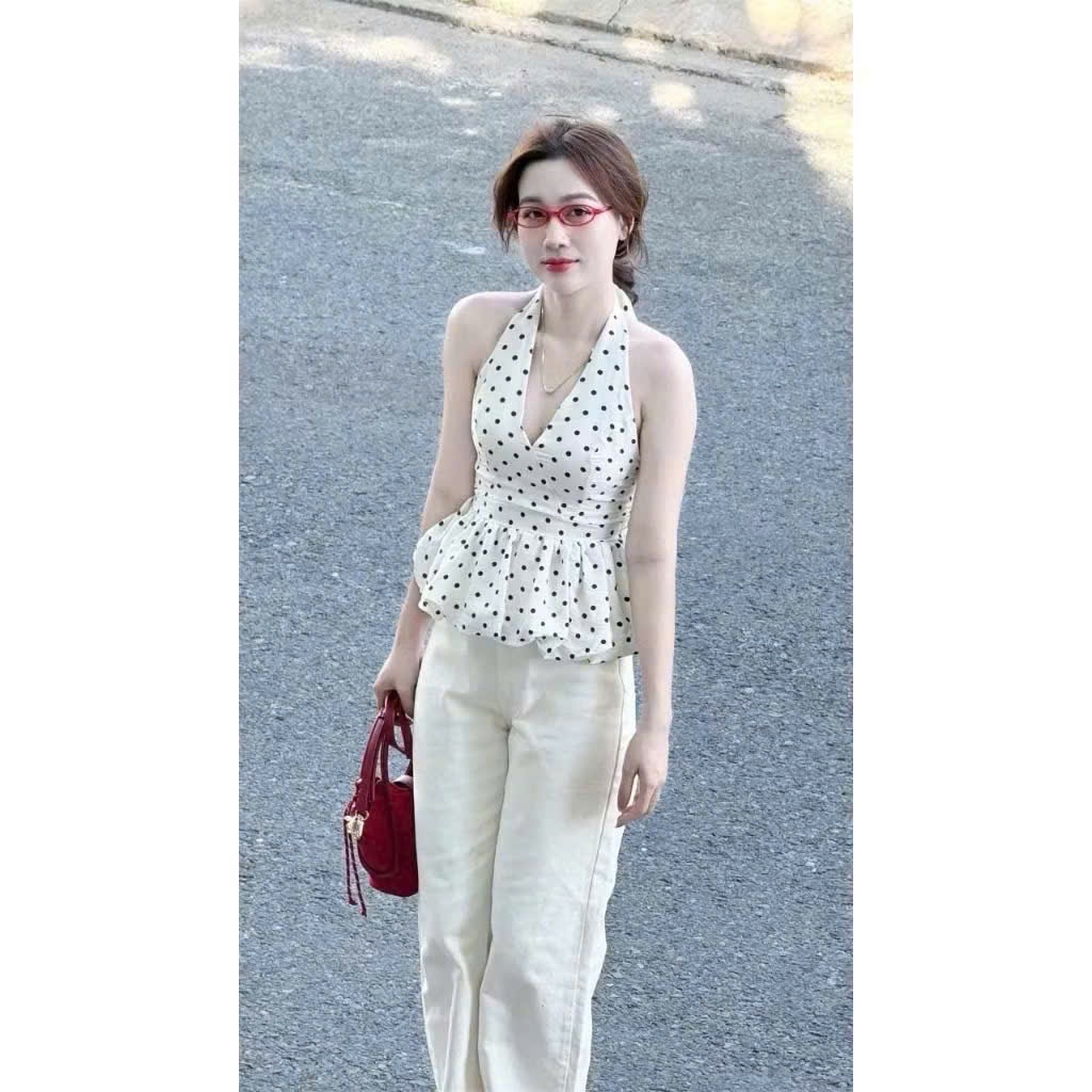 (KÈM MÚT) Áo yếm linen CHẤM BI dáng bí hở lưng chun sau DOTTIE TOPDATE G24