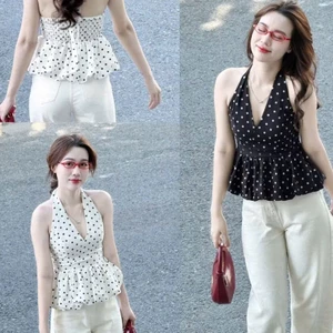 Áo Kiểu Nữ Dáng Bồng Phối Cổ Yếm Hở Lưng GirlZ, Áo Chấm Bi Nữ Mùa Hè Nữ Tính B19