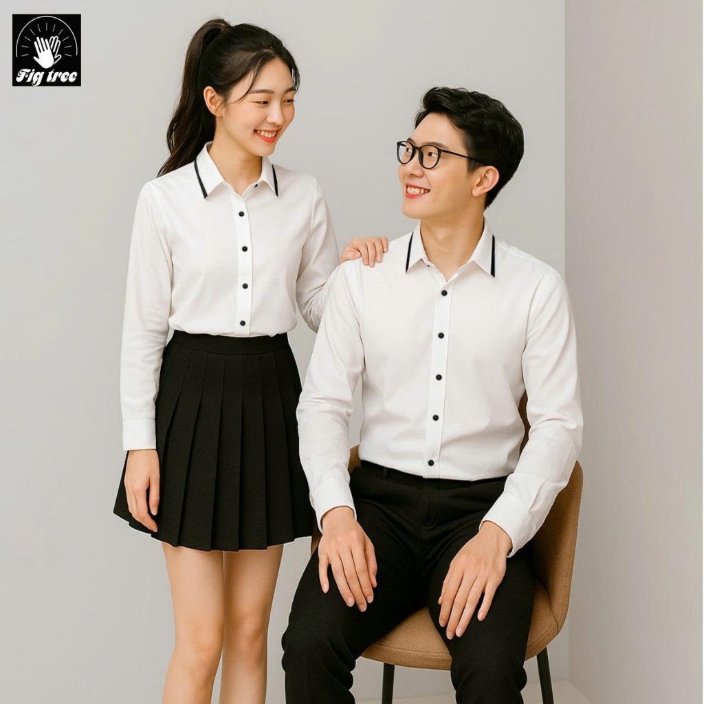 Set Áo Sơ Mi Đôi Fig Tree Màu Trắng Viền Cổ Đen Trendy ( hàng thiết kế full size 40-110kg)