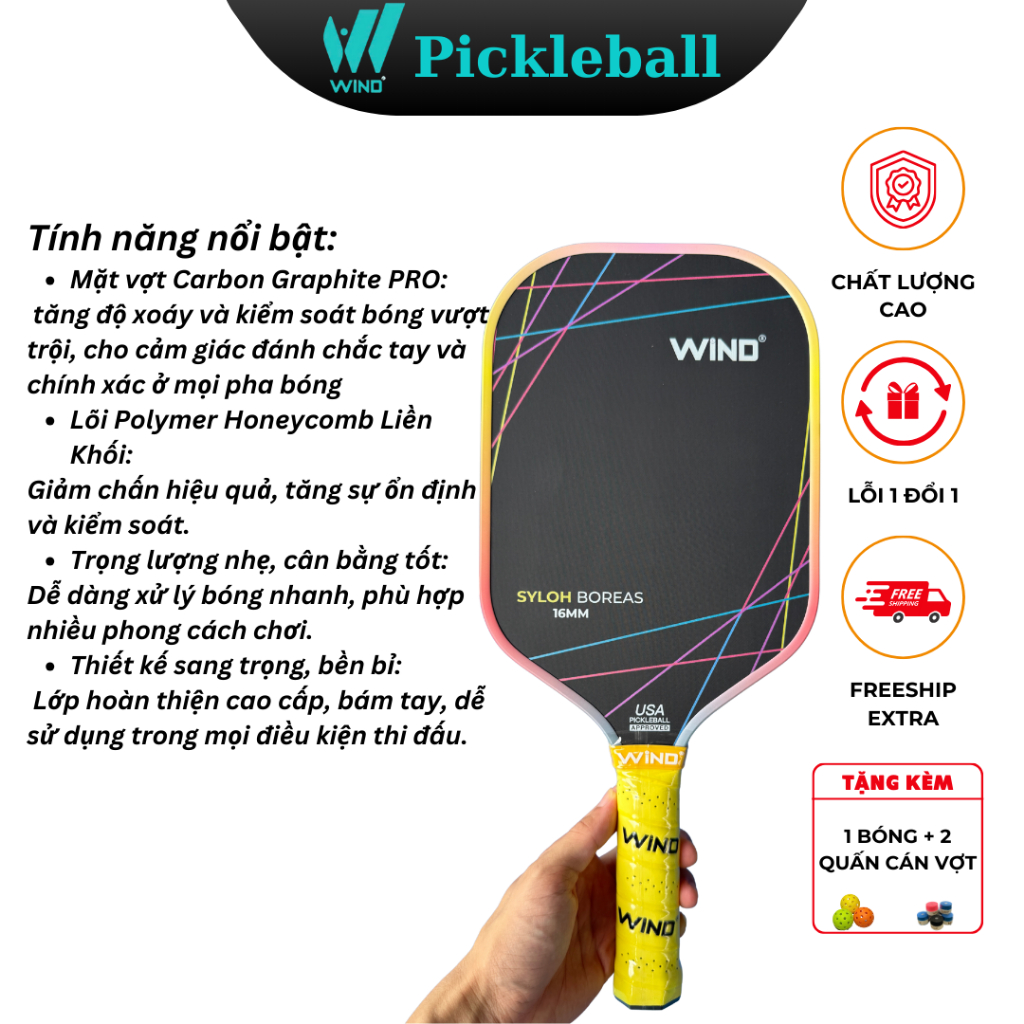 Vợt Pickleball WIND BOREAS - Carbon Graphite PRO Cao Cấp, Trải Nghiệm Kiểm Soát Và Sức Mạnh Tối Ưu