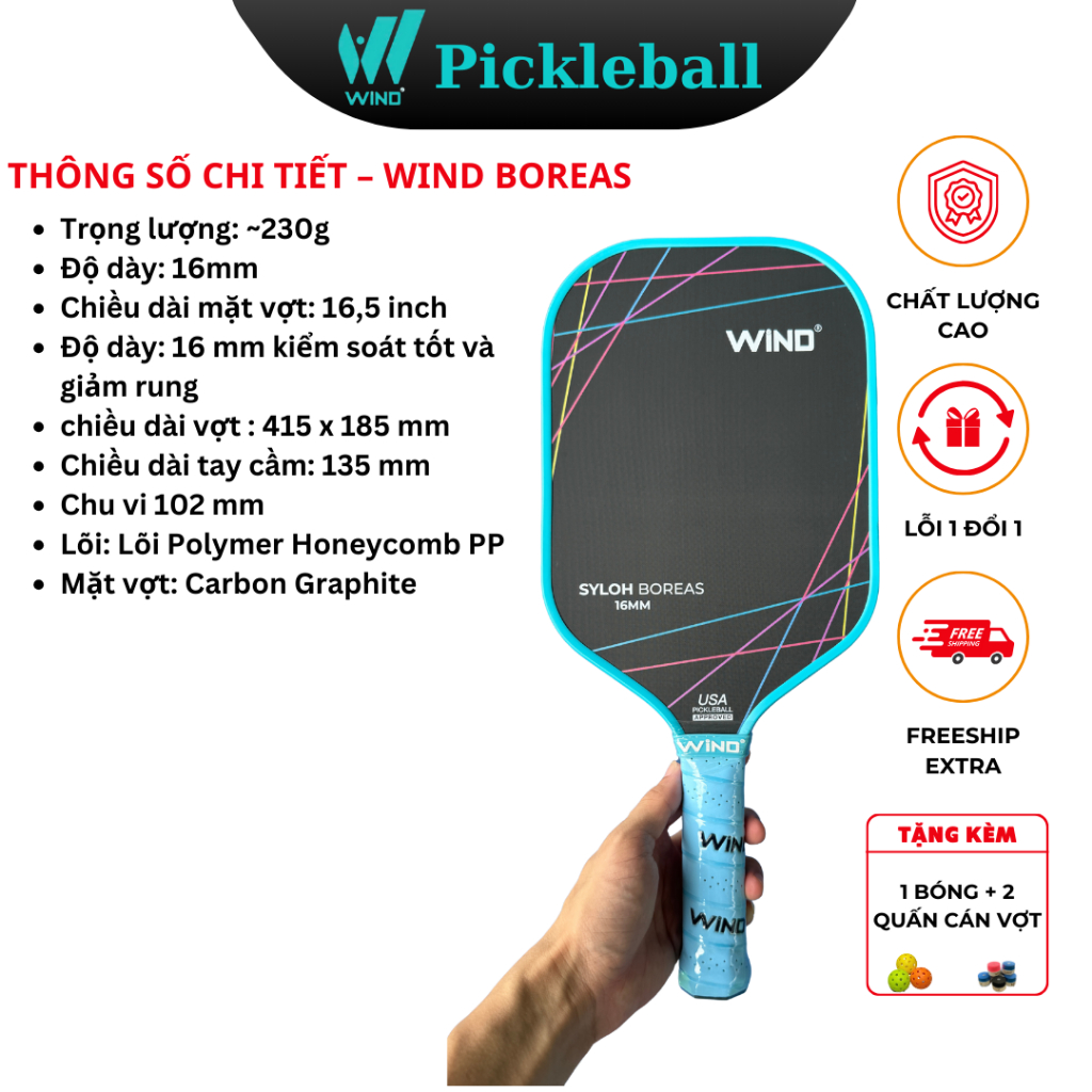 Vợt Pickleball WIND BOREAS - Carbon Graphite PRO Cao Cấp, Trải Nghiệm Kiểm Soát Và Sức Mạnh Tối Ưu