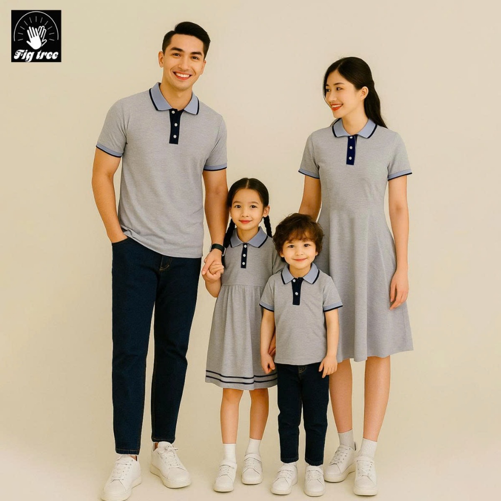 Áo Gia Đình Fig Tree Thun Polo Màu Xám Ghi Phối Viền Model, Áo Nam Váy Nữ, Vải Cá Sấu Dày Dặn