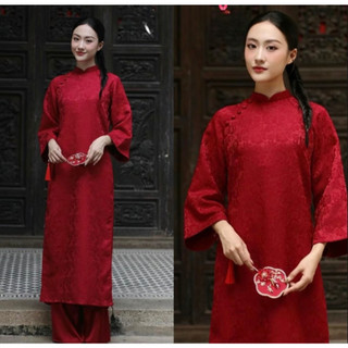 Áo Dài Cách Tân Gấm Châu Sa 2 Tà Vân Hoa Nổi – Áo Dài Nữ Dáng Suông Cao Cấp | Áo dài Phương Linh