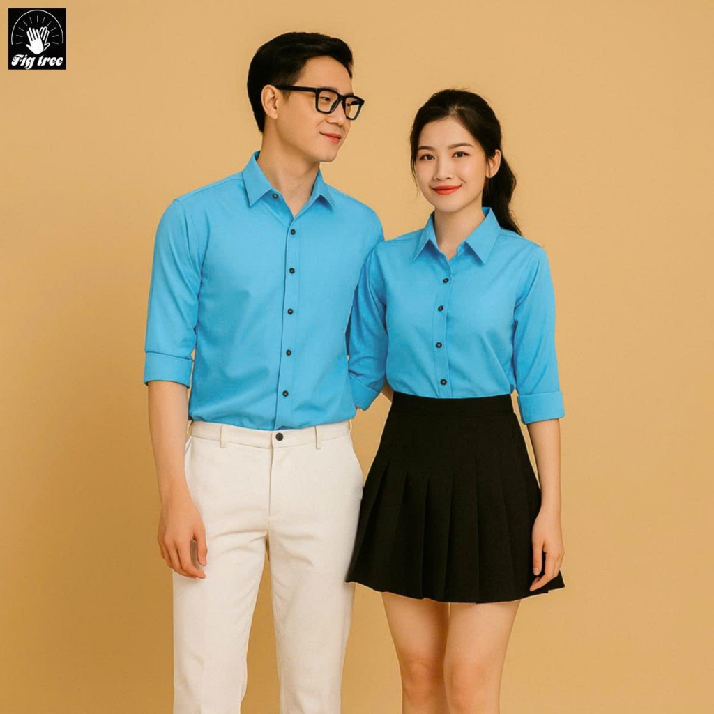 Set Áo Sơ Mi Đôi Fig Tree Màu Xanh Ngọc Đi Học, Đi Làm Thanh Lịch ( có bigsize đến 110kg)