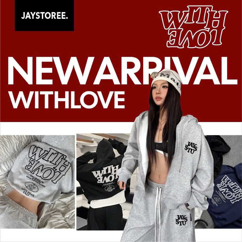 Set nỉ WITH LOVE ❤️‍🔥 vải 2 da ko xù lông Áo hoodie zip boxy và Quần nỉ (có tách lẻ) Brand Jaystoree