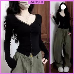 Áo Thun Dài Tay Cổ Tim Ren RANSHI Ôm Body Sexy Quyến Rũ Chất Thun Cotton