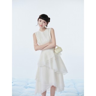 Đầm OLV chiết eo tầng xòe thanh lịch Ivory Chiffon Layered Fitted Waist Midi Dress phù hợp đi tiệc