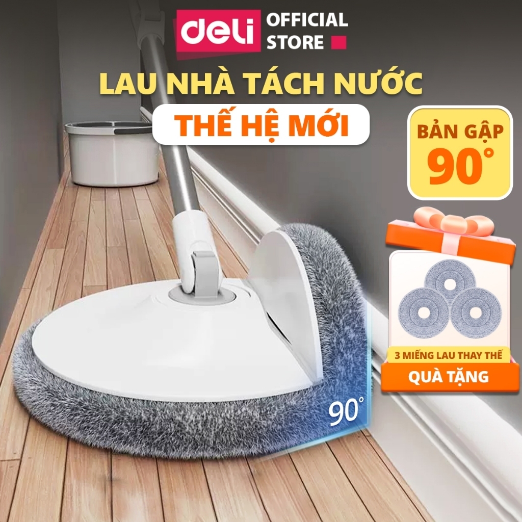 [TẶNG 3 BÔNG LAU] Bộ Cây Lau Nhà Tách Nước Bẩn Deli Gập 90 Độ Có Thùng Lau Nhà Tự Vắt Thông Minh, Chổi Lau Nhà 360 Độ