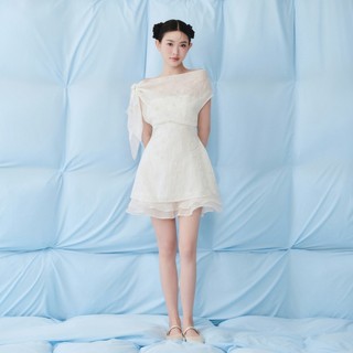 Đầm OLV lệch vai chất tơ rũ thanh lịch Ivory Chiffon One Shoulder Layered Mini Dress đi tiệc đi chơi