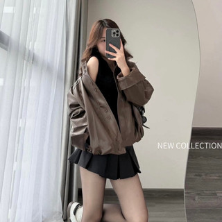Áo khoác da nữ cổ tàu dáng bomber Forgirl áo da nữ oversize phối cúc chất liệu da PU mềm T206