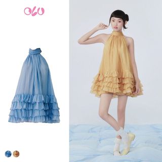 Đầm OLV cổ yếm dáng suông xếp tầng bèo đính nơ nữ tính Blue Chiffon Halterneck phù hợp đi biển