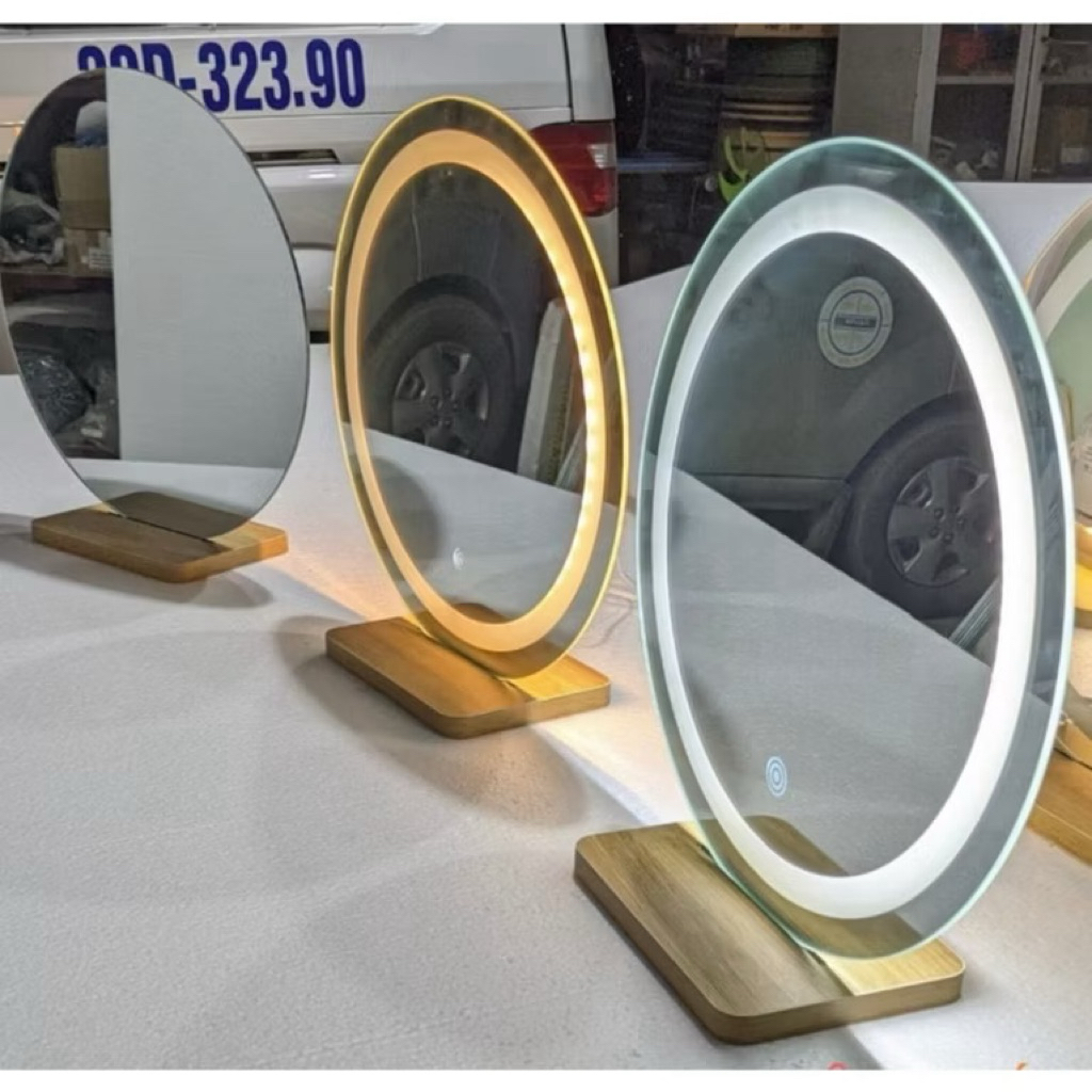 Gương Để Bàn Trang Điểm Đèn LED Cảm Ứng Cao Cấp Tặng Kèm Đế Gỗ Sang Trọng