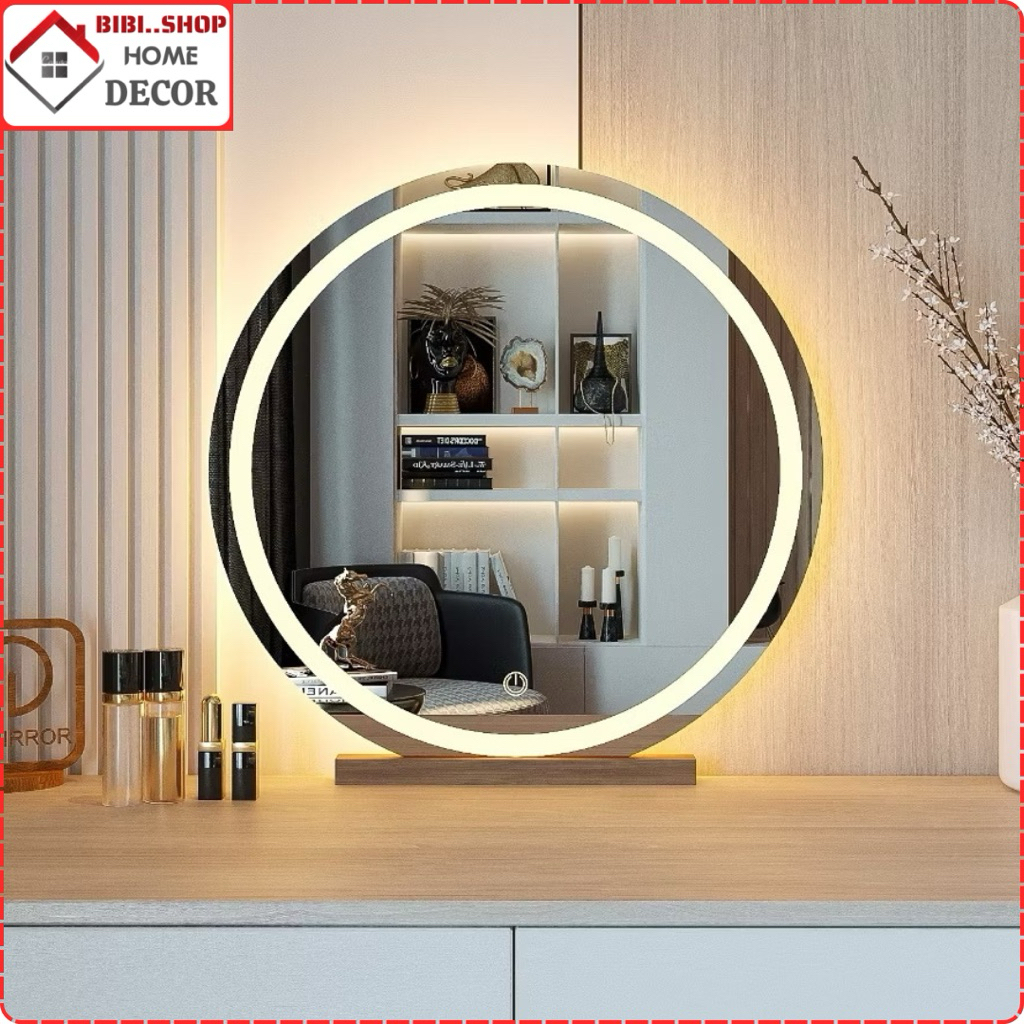 Gương Để Bàn Trang Điểm Đèn LED Cảm Ứng Cao Cấp Tặng Kèm Đế Gỗ Sang Trọng