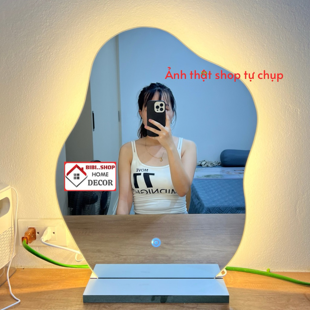 Gương Tròn Để Bàn Trang Điểm Có Đèn Led Cảm Ứng Cao Cấp ( Tặng Đế Gỗ ), Gương Để Bàn Siêu Xinh
