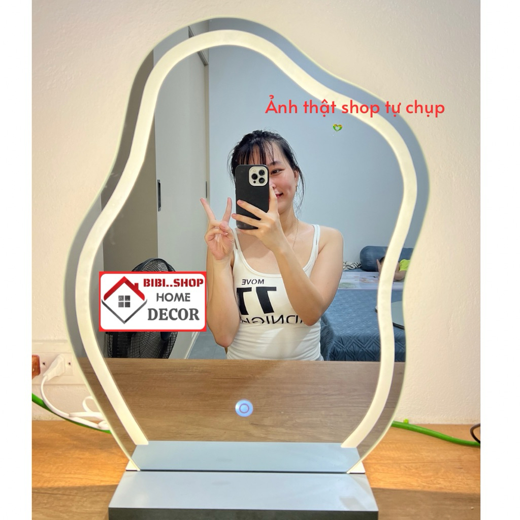 Gương để bàn trang điểm có đèn led cảm ứng cao cấp (Tặng Đế Gỗ ), Gương trang điểm để bàn nhỏ gọn xinh xắn