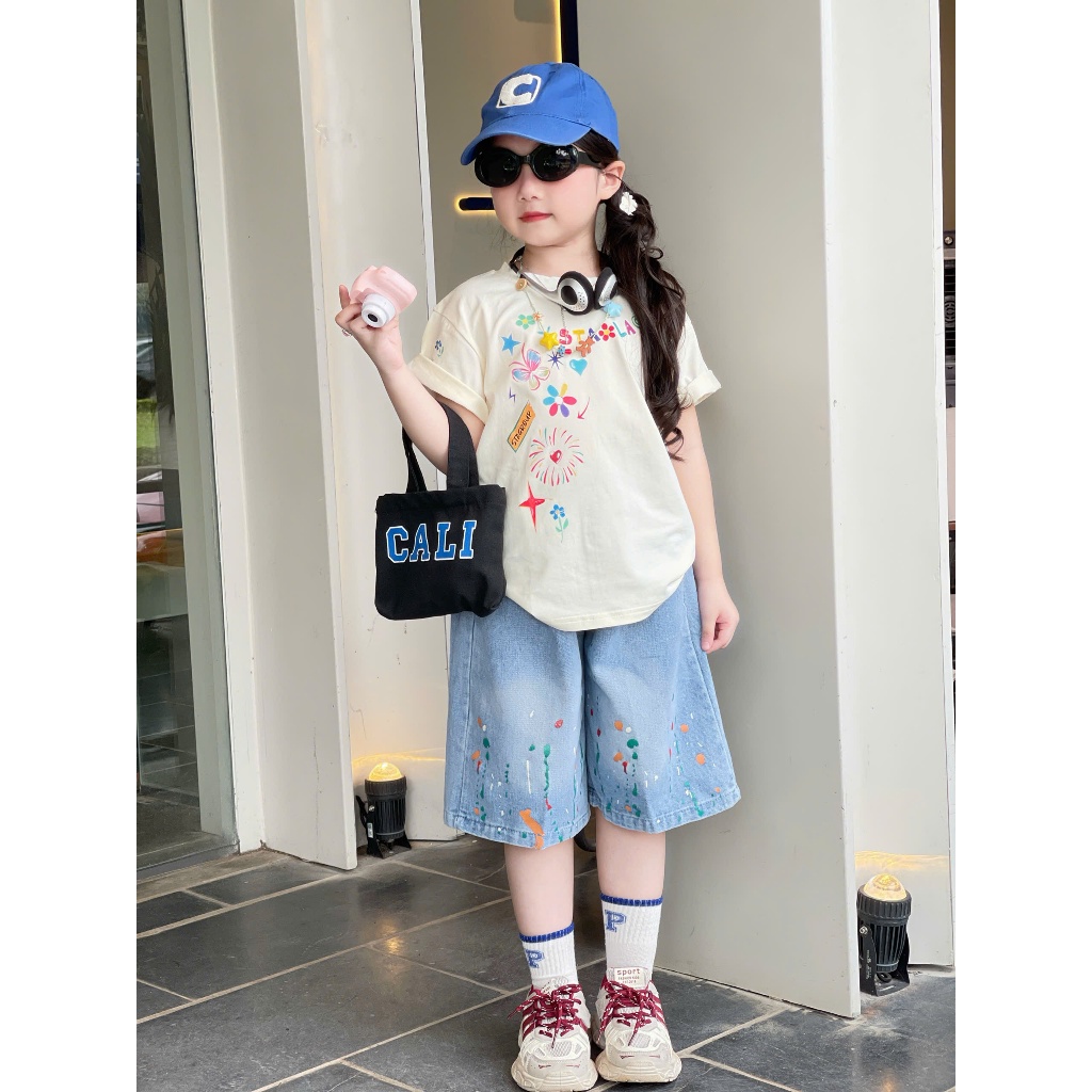 [Phúc Anh Kids] Set Bé Gái Áo Phông In Nhiều Họa Tiết Quần Jean Vảy Sơn (15-45kg) A09