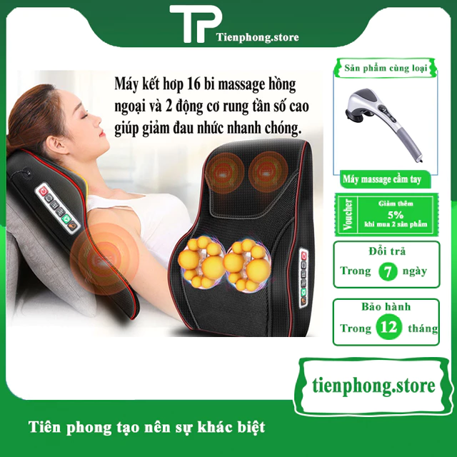 Máy massage lưng cổ vai gáy 16 bi sưởi nóng bằng hồng ngoại trị liệu cao cấp, Gối mát xa lưng cổ hồng ngoại 20 bi