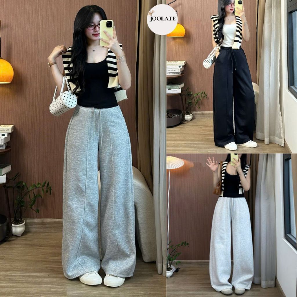 Quần nỉ 2 da nữ ống rộng phối gân form rộng unisex thu đông giữ ấm – Joolate