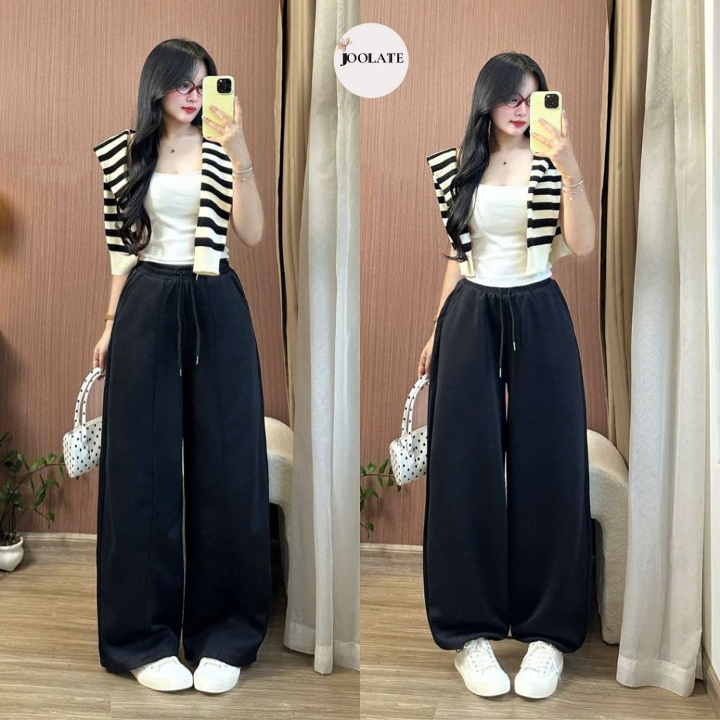 Quần nỉ 2 da nữ ống rộng phối gân form rộng unisex thu đông giữ ấm – Joolate