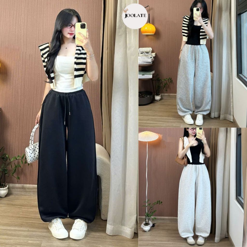 Quần nỉ 2 da nữ ống rộng phối gân form rộng unisex thu đông giữ ấm – Joolate
