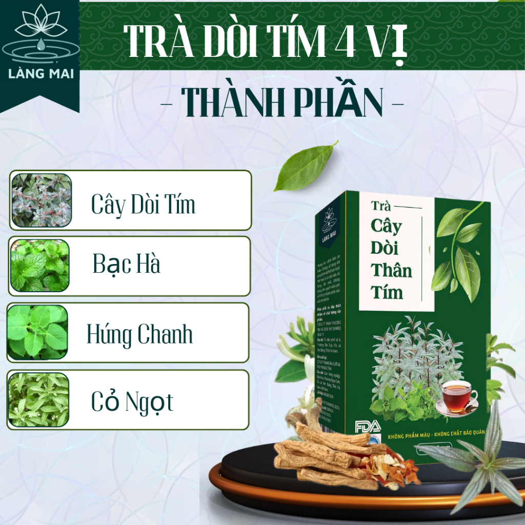 Trà Cây Dòi Thân Tím - Làng Mai - 4 Vị hộp 30 gói được sấy tự nhiên, trà có vị ngọt thanh, hậu vị mát.