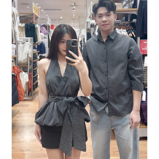 ( S - 70 ) Set đồ đôi nam nữ couple áo nữ sọc cổ yếm cột nơ eo và áo sơmi nam sọc , đồ đôi mặc đi chơi với người yêu,