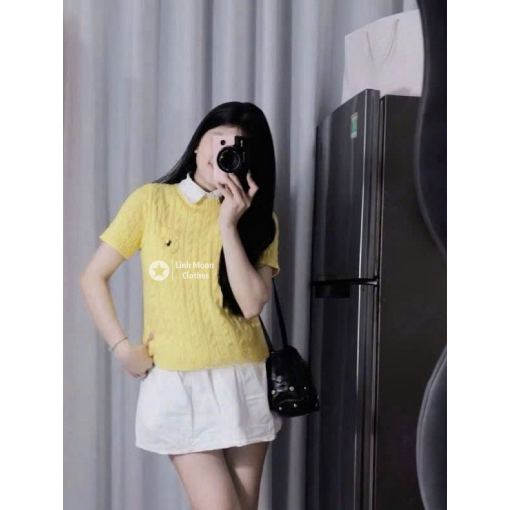 [Sẵn Hàng] Áo len ngắn tay nữ cổ tròn dệt kim màu vàng, thêu ngựa, dáng trẻ trung dễ phối đồ Hàng Chuẩn Xịn