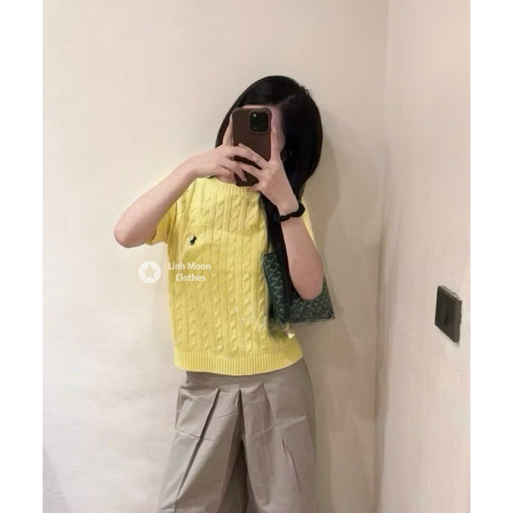 [Sẵn Hàng] Áo len ngắn tay nữ cổ tròn dệt kim màu vàng, thêu ngựa, dáng trẻ trung dễ phối đồ Hàng Chuẩn Xịn