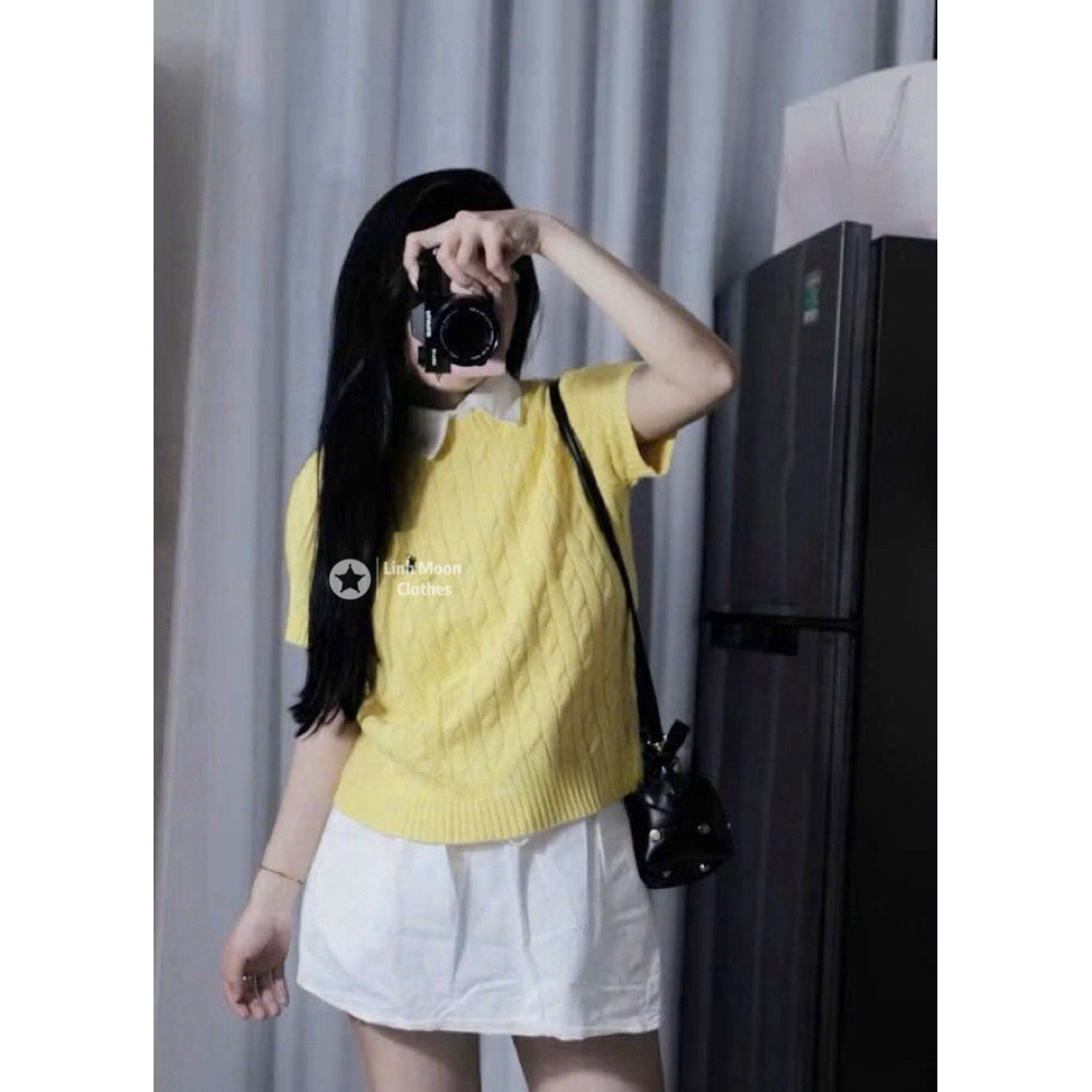 [Sẵn Hàng] Áo len ngắn tay nữ cổ tròn dệt kim màu vàng, thêu ngựa, dáng trẻ trung dễ phối đồ Hàng Chuẩn Xịn