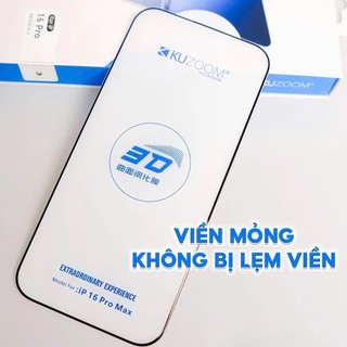 Siêu Kính cường lực KUZOOM 3D mép cong 3D ôm sát, không lẹm màn hình dành cho ip 17 16 15 14 pro max plus