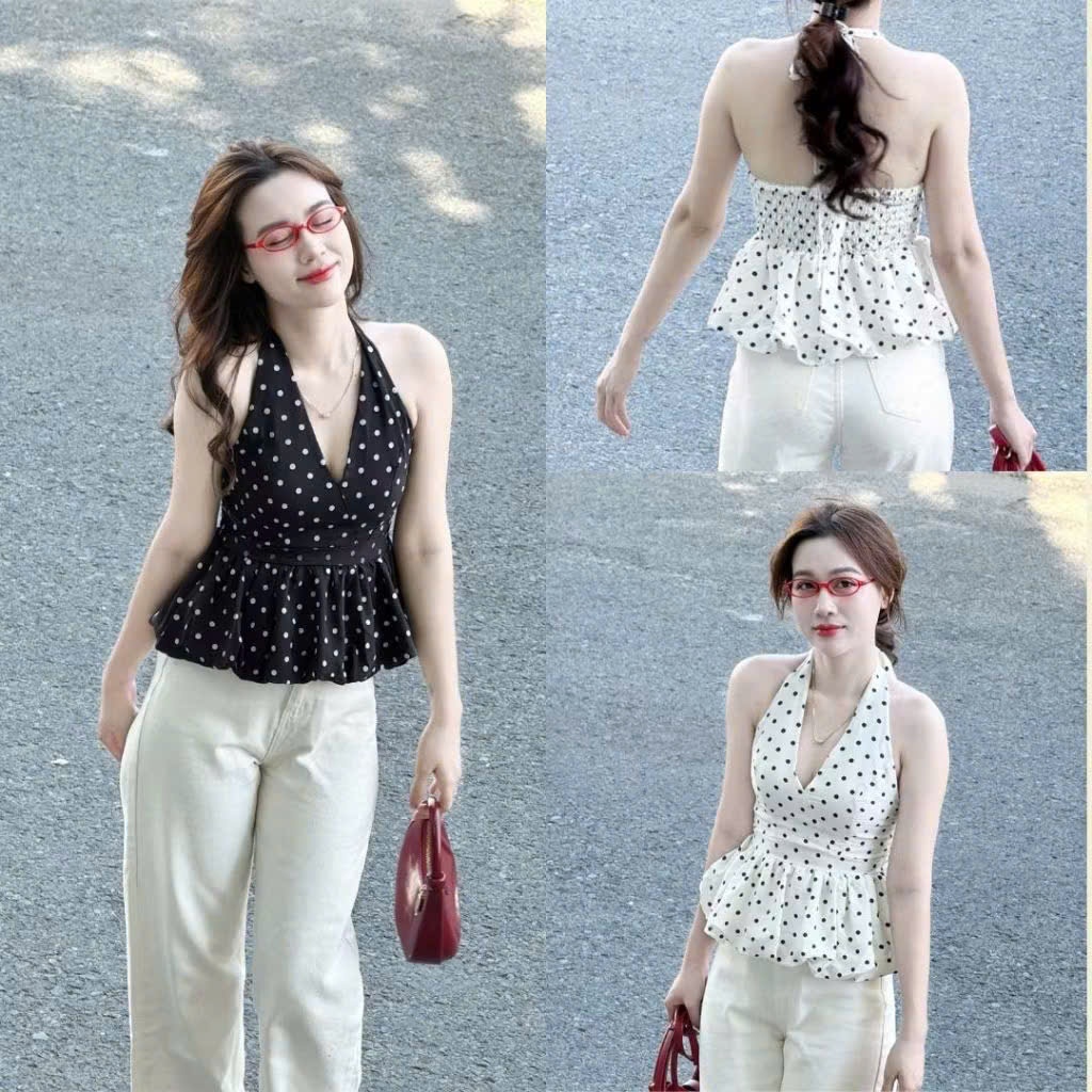 (KÈM MÚT) Áo yếm linen CHẤM BI dáng bí hở lưng chun sau DOTTIE TOPDATE G24