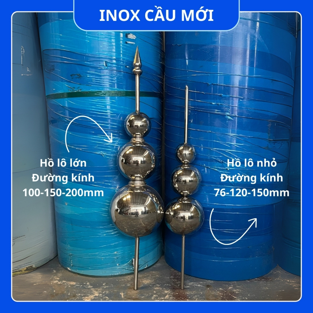 Hồ lô inox trang trí mái nhà, cụm châu trang trí nóc Thái, kích thước 76-120-150mm/ 80-150-200