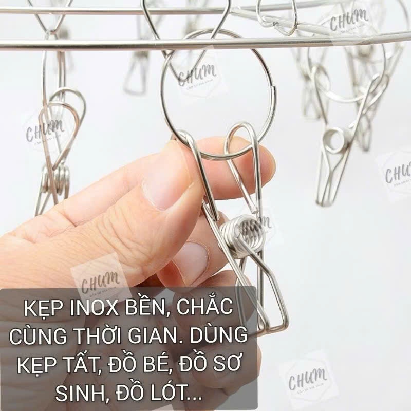 Móc Trùm Tròn Inox 24 Kẹp Phơi Quần Áo Khăn Vớ, Phơi Đồ Cho Bé