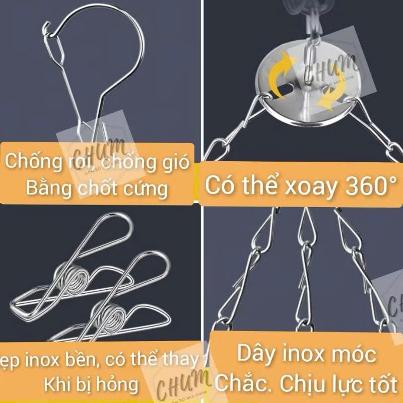 Móc Trùm Tròn Inox 24 Kẹp Phơi Quần Áo Khăn Vớ, Phơi Đồ Cho Bé